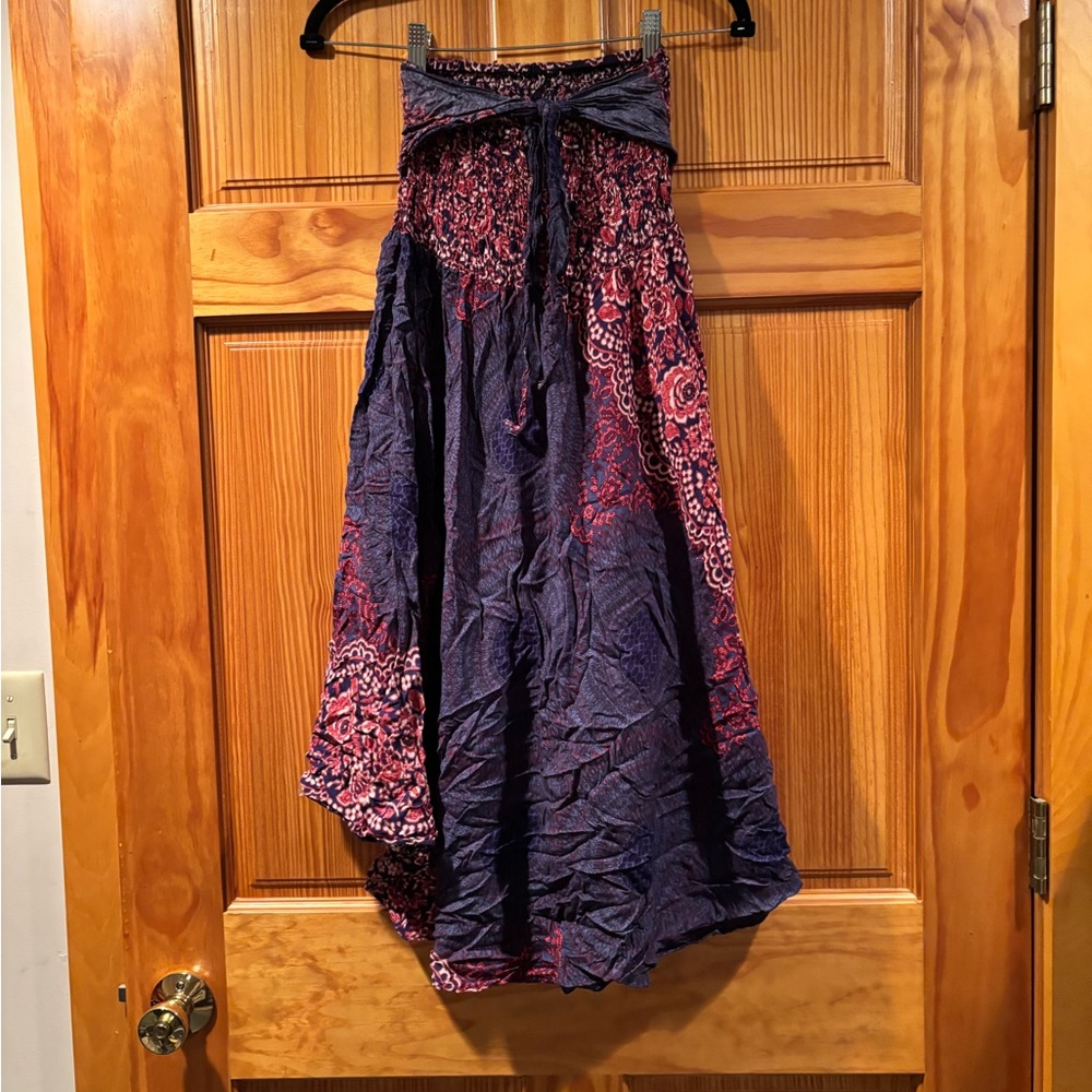 Boho Maxi Skirt in Navy with Pink Floral Accents